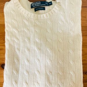 Ralph Lauren RL Men’s Ivory Cashmere Cable Knit Crew Neck Pull Over Sweater XL